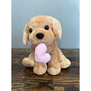 Chrisha Playful Plush Tan Puppy with Hanging Pink Heart Plush